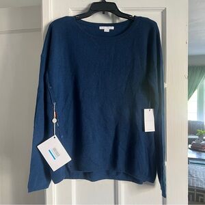 Duffy Kentucky Blue Cashmere sweater with button orange ribbon trim